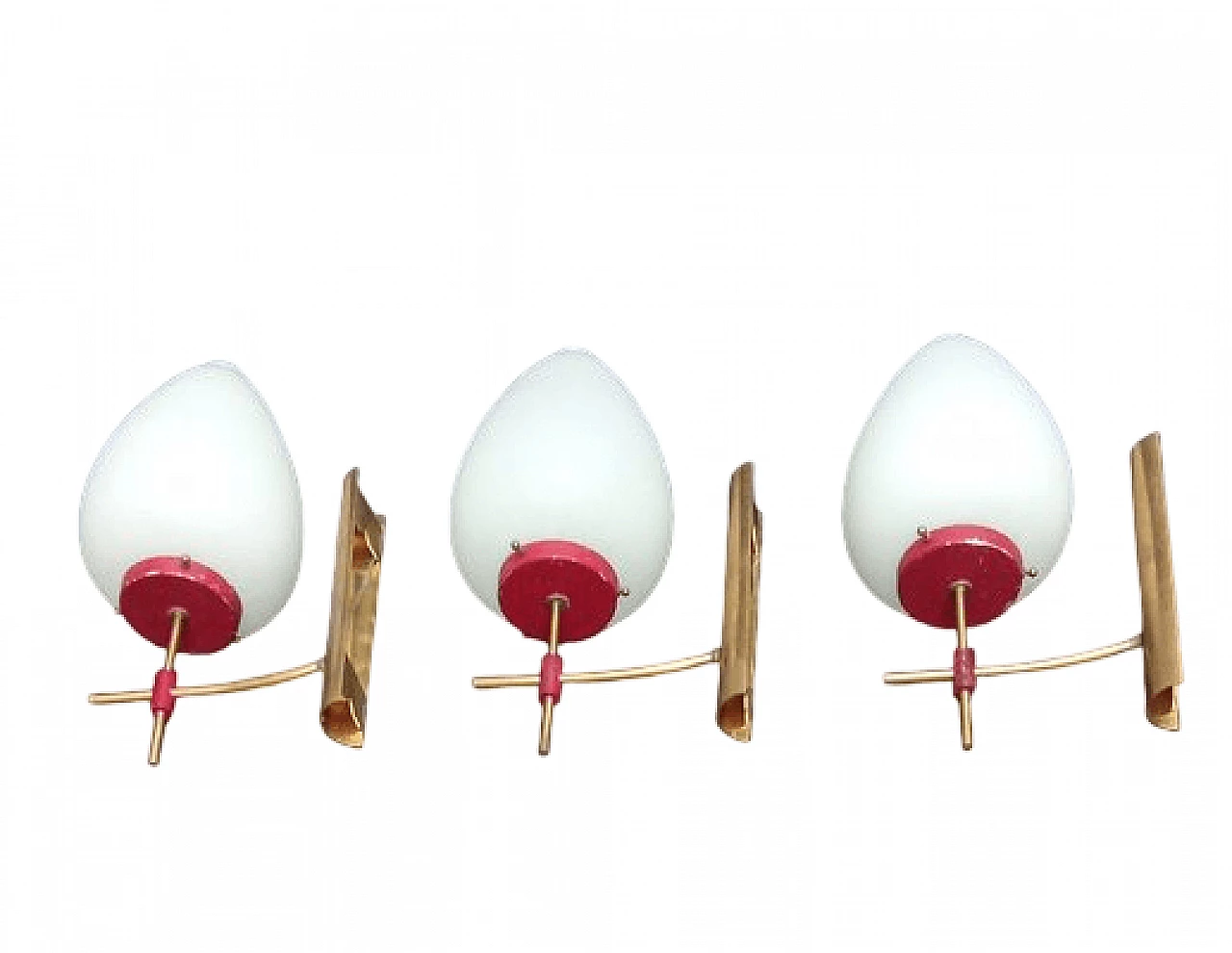 3 Glass, brass and red metal wall lights, 1950s 14