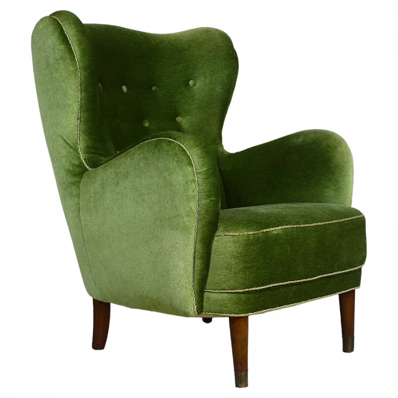 Danish lounge armchair in stained beech and green velvet, 1950s 1