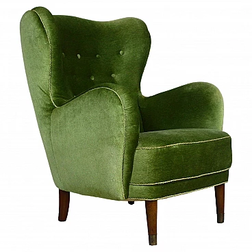 Danish lounge armchair in stained beech and green velvet, 1950s