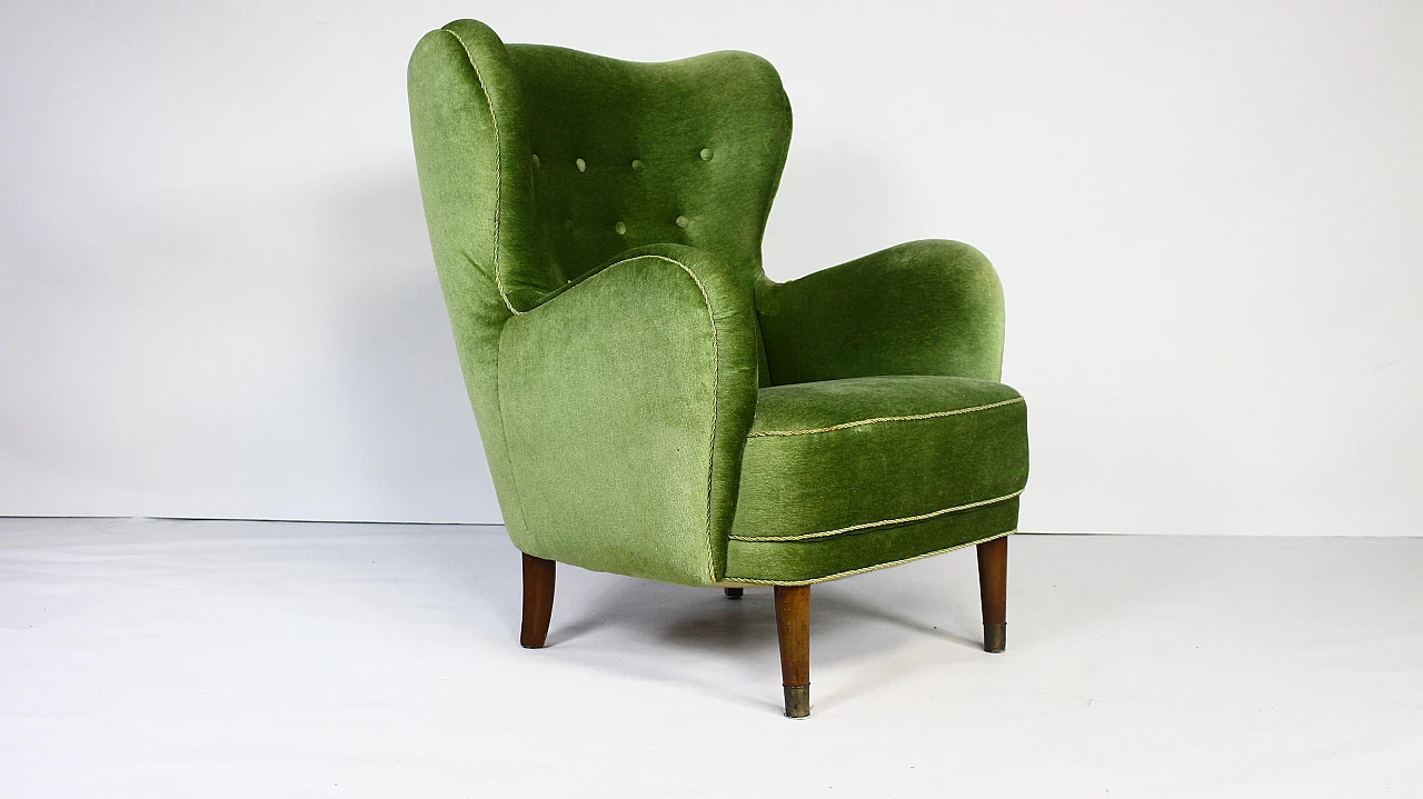 Danish lounge armchair in stained beech and green velvet, 1950s 3