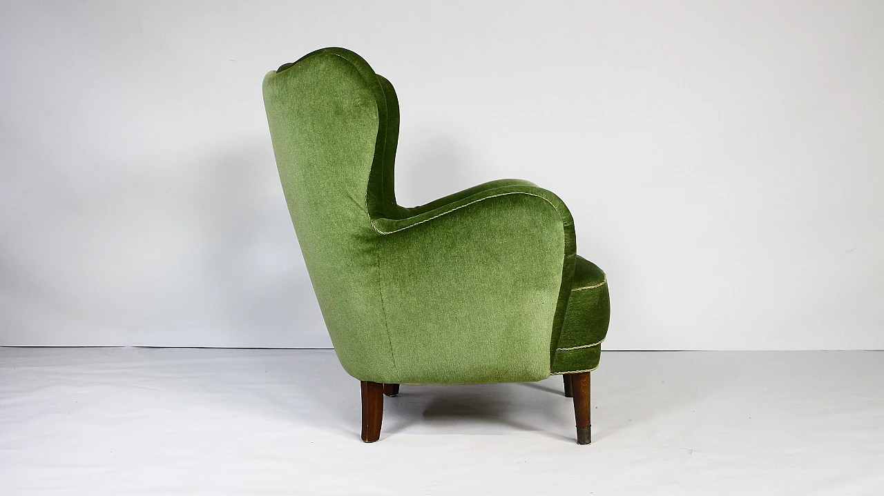 Danish lounge armchair in stained beech and green velvet, 1950s 4