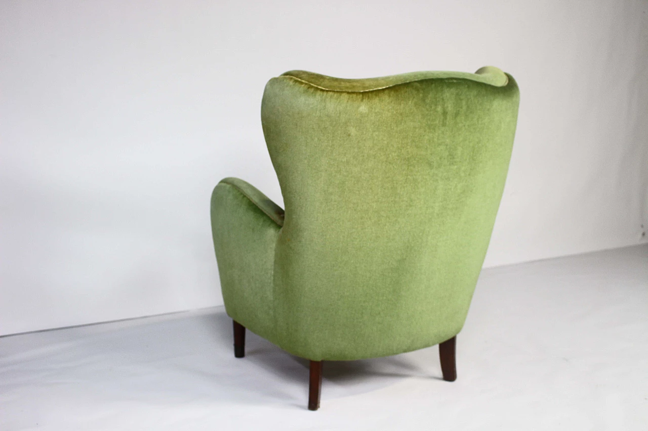 Danish lounge armchair in stained beech and green velvet, 1950s 9