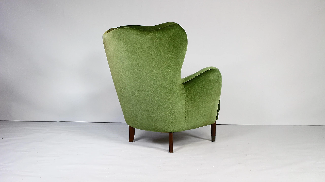 Danish lounge armchair in stained beech and green velvet, 1950s 10