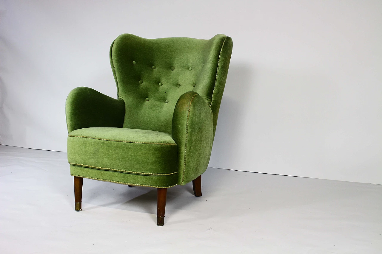 Danish lounge armchair in stained beech and green velvet, 1950s 11
