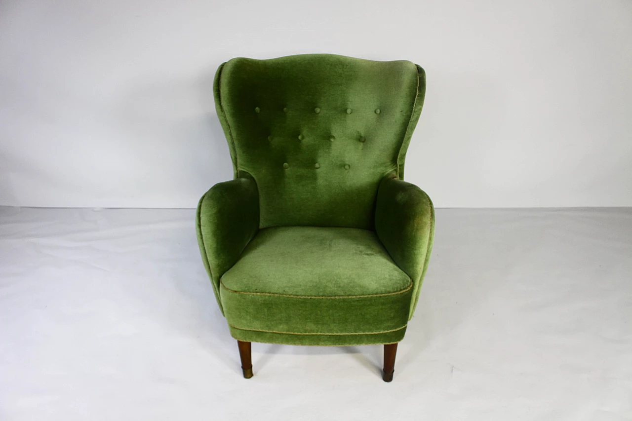 Danish lounge armchair in stained beech and green velvet, 1950s 13
