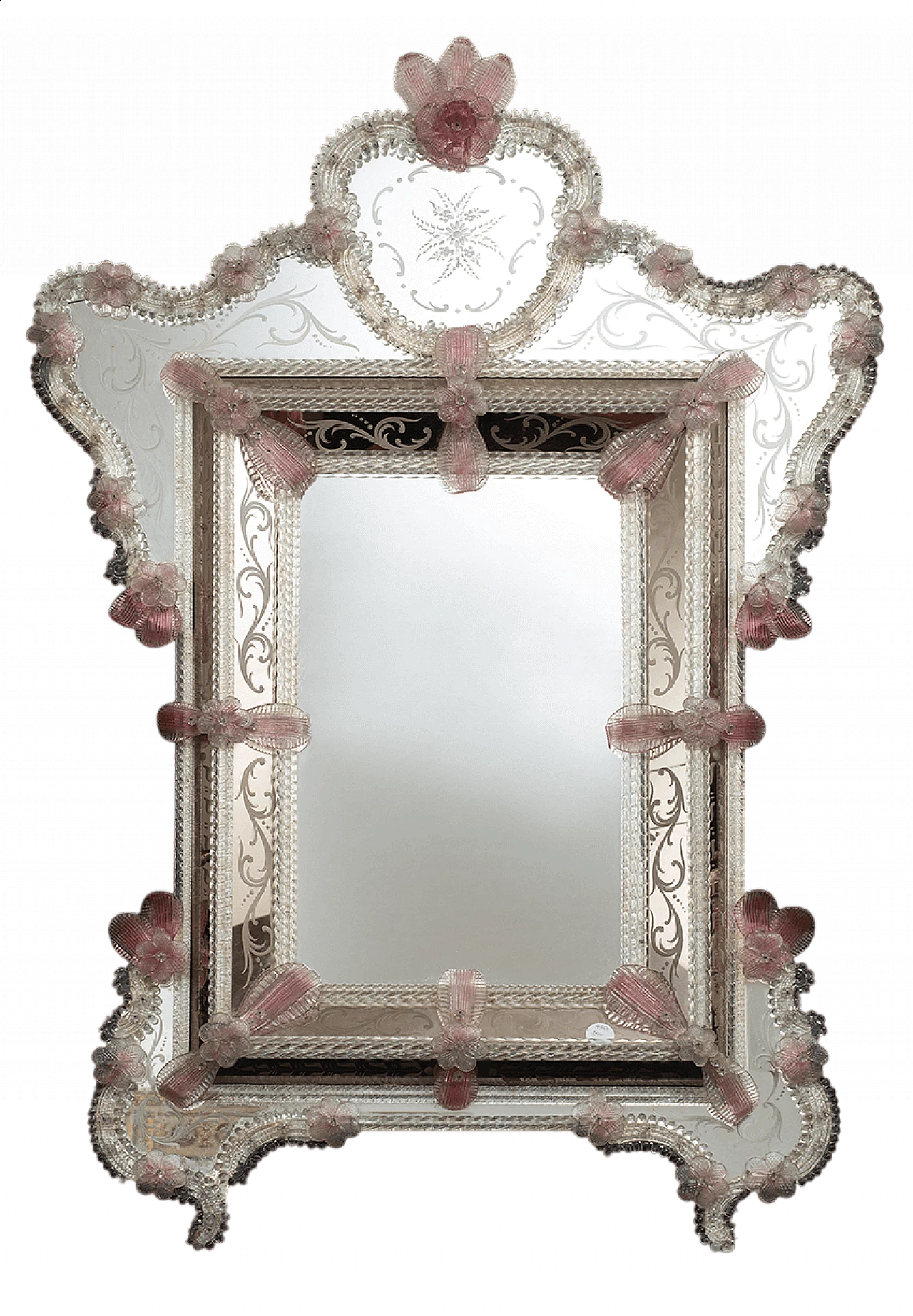 Specchio stile Luigi XV in vetro di Murano trasparente e rosa, inizio '900 6