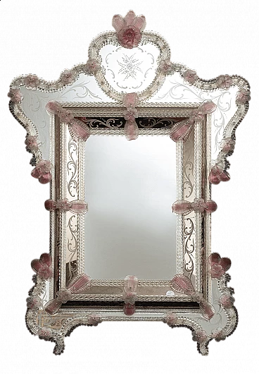 Specchio stile Luigi XV in vetro di Murano trasparente e rosa, inizio '900