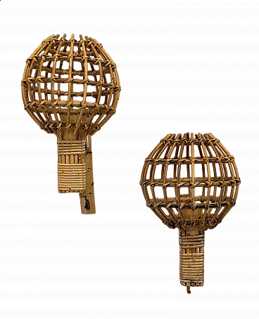 Pair of wicker and bamboo wall lamps, 1970s