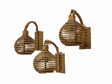 3 Bamboo and wicker wall lamps, 1970s