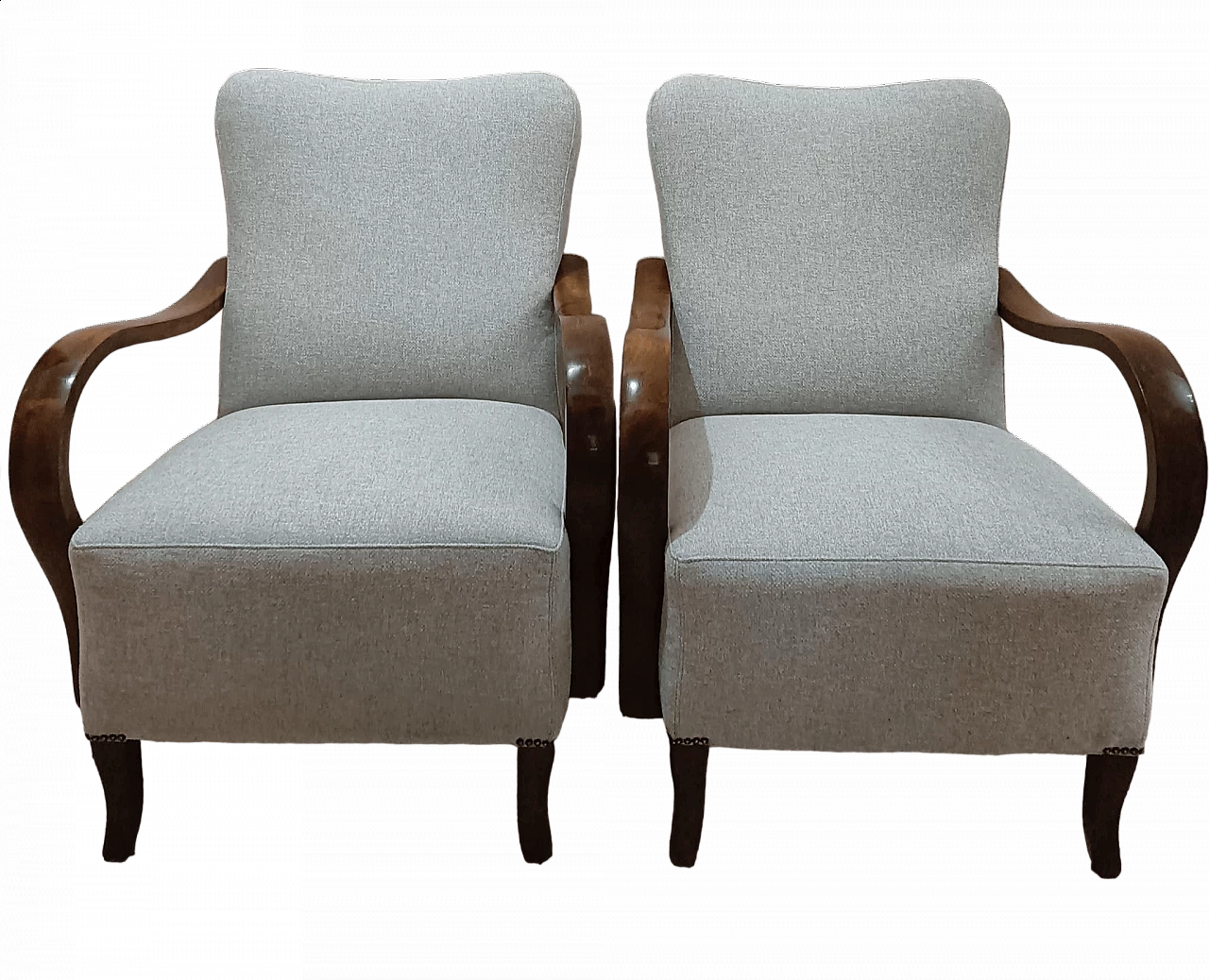 Pair of wooden and fabric armchairs, 1950s 11