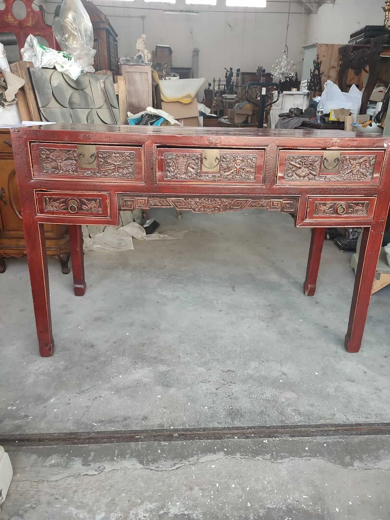Scrivania cinese in legno rosso, inizio '900 2
