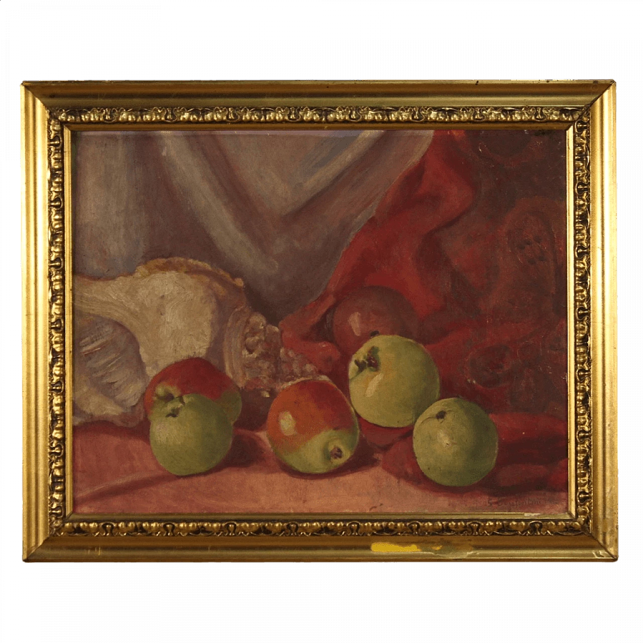 Dipinto di natura morta con conchiglia e mela, olio su tavolo, 1930 16