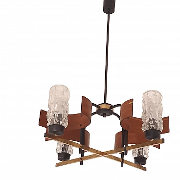Metal, wood and glass chandelier in the style of Stilnovo, 1960s