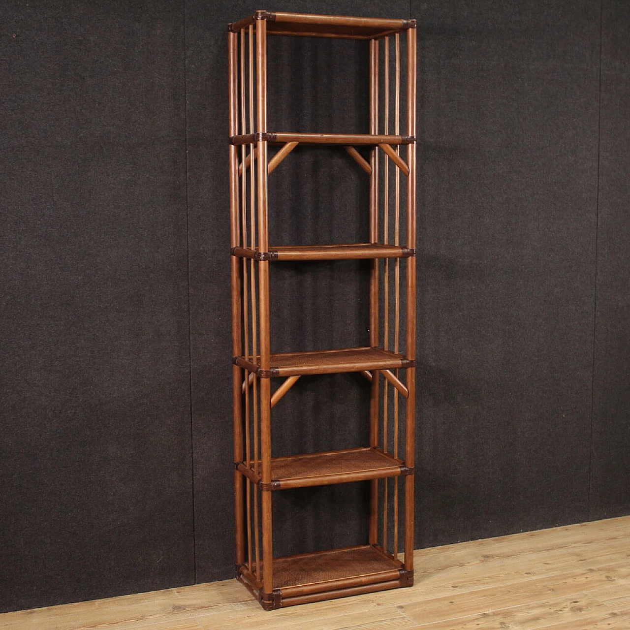 Exotic wood and rattan bookcase, 1970s 1