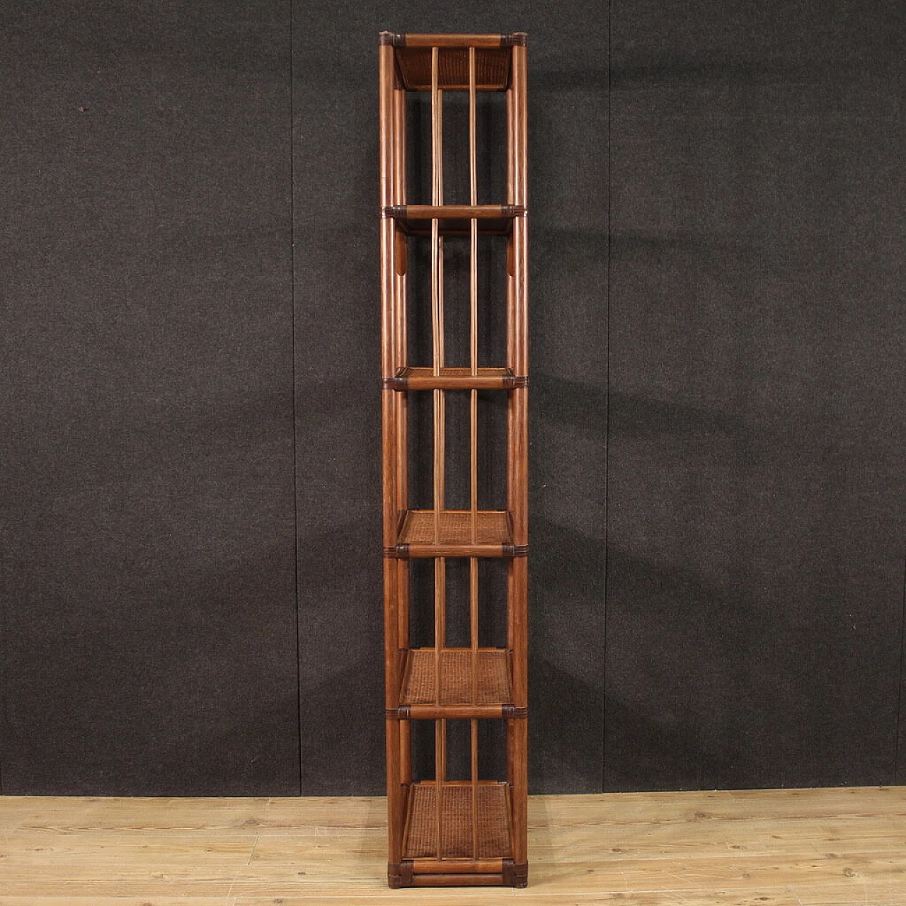 Exotic wood and rattan bookcase, 1970s 4