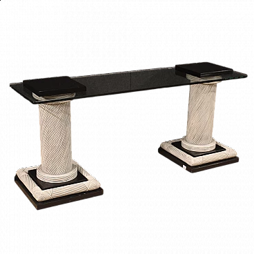 Consolle in vimini e legno laccato con piano in vetro, anni '80