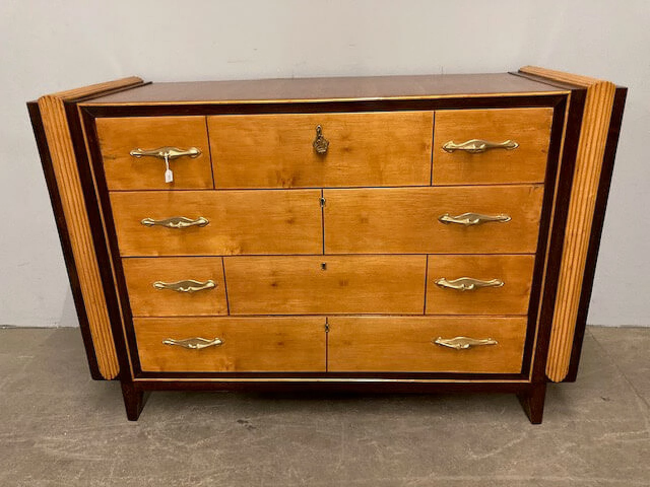 Birch, walnut root, maple and rosewood chest of drawers, 1950s 2