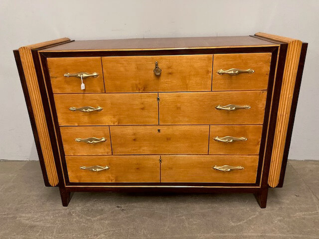 Cassettiera in betulla, radica di noce, acero e palissandro, anni '50 2