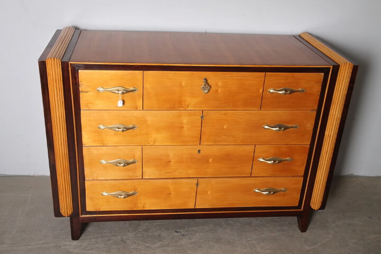 Birch, walnut root, maple and rosewood chest of drawers, 1950s 7