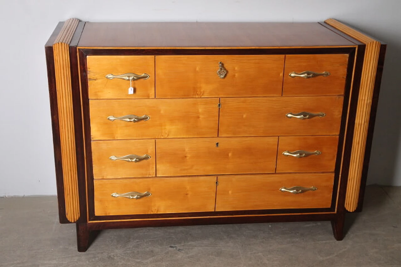 Birch, walnut root, maple and rosewood chest of drawers, 1950s 8