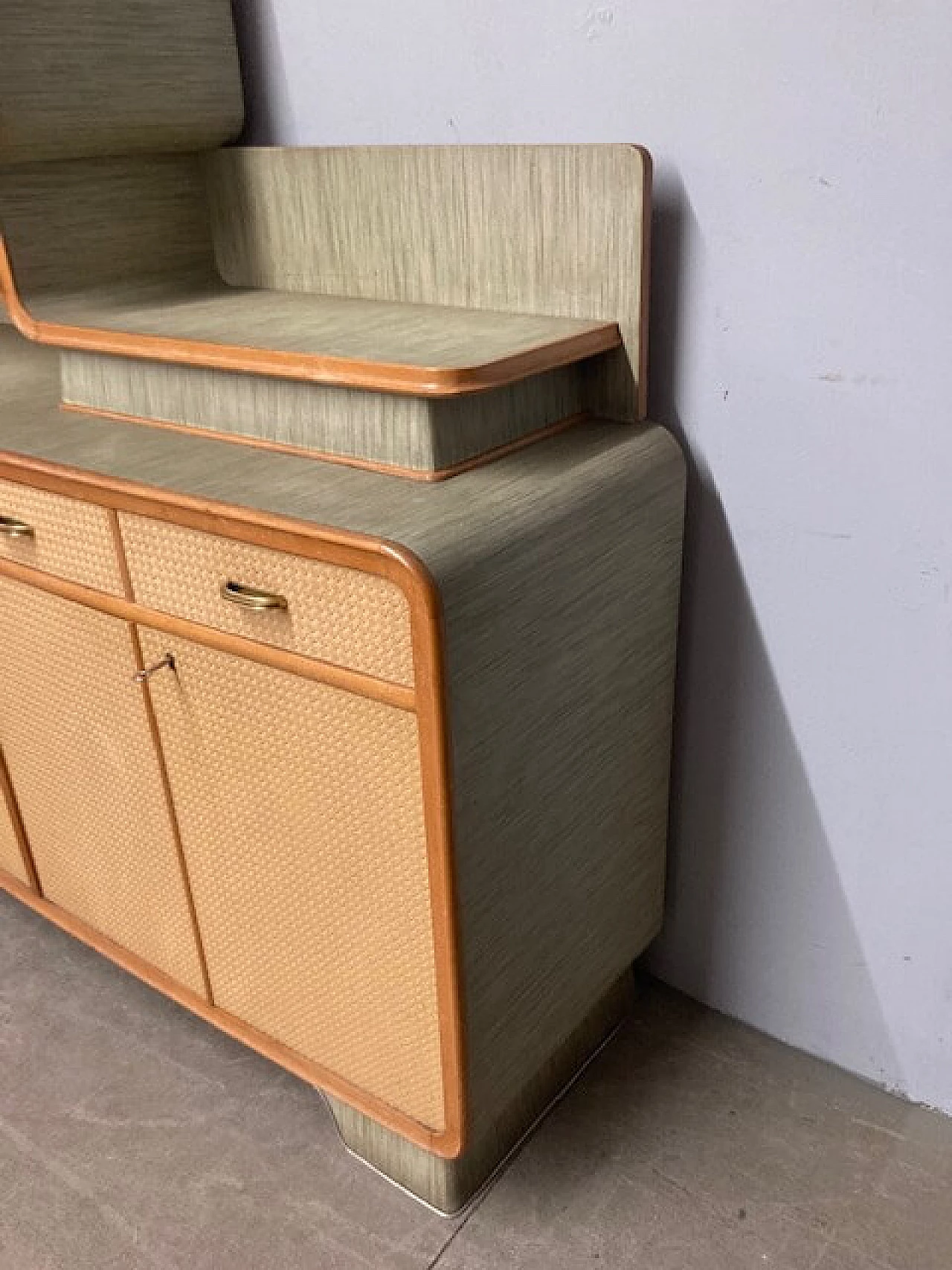 Wood effect and green laminate sideboard with showcase, 1960s 2