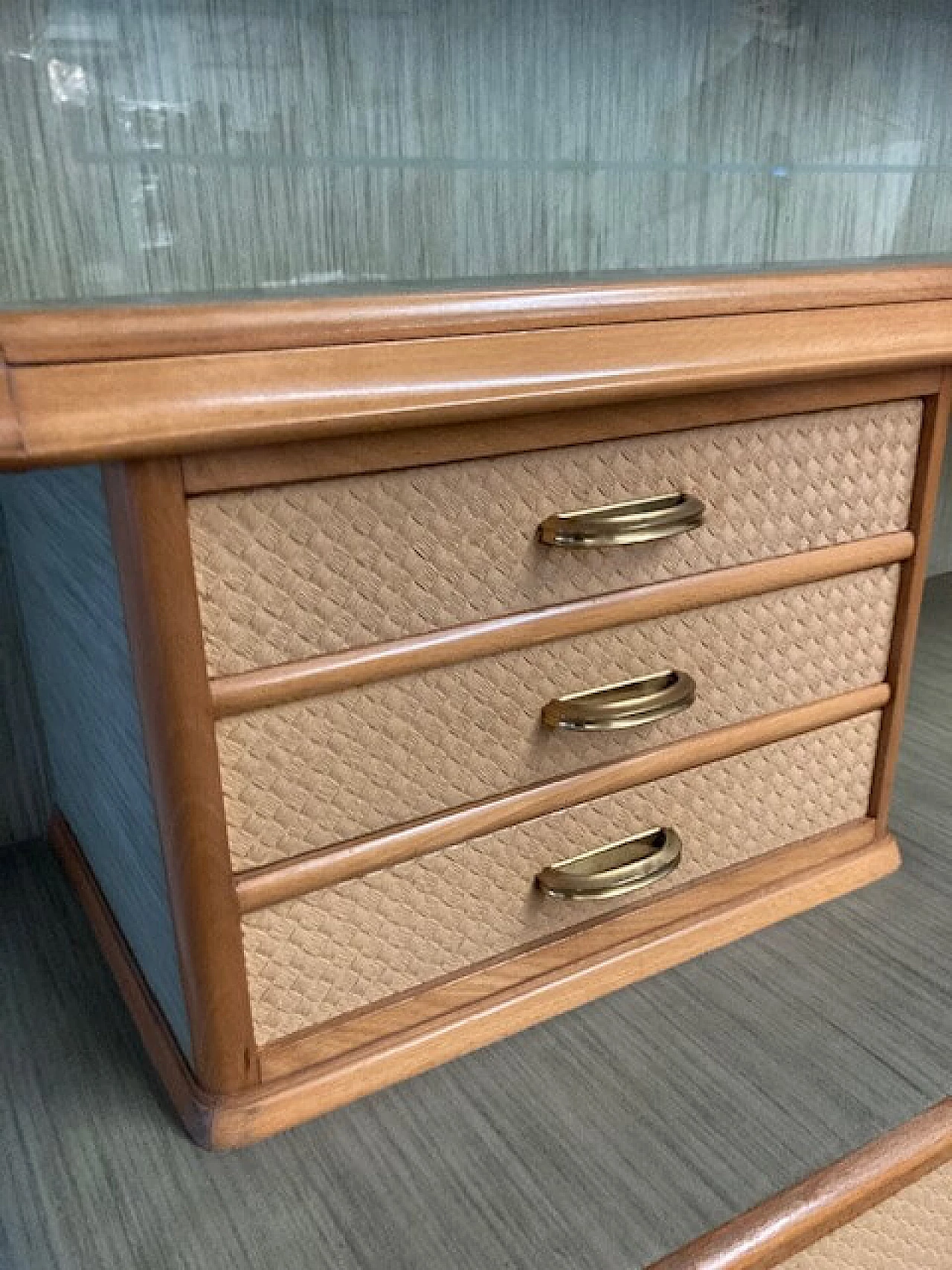 Wood effect and green laminate sideboard with showcase, 1960s 6