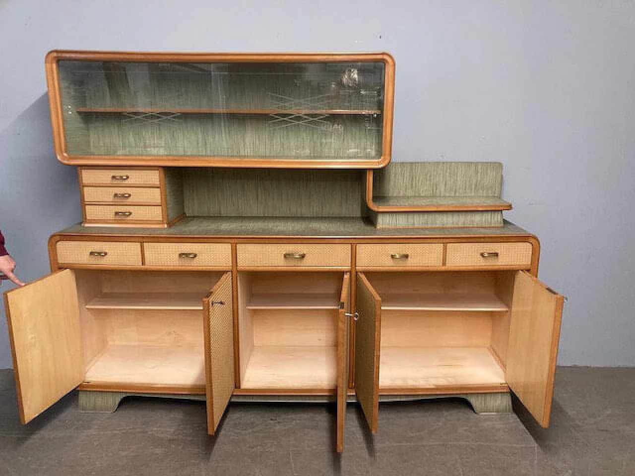 Wood effect and green laminate sideboard with showcase, 1960s 8