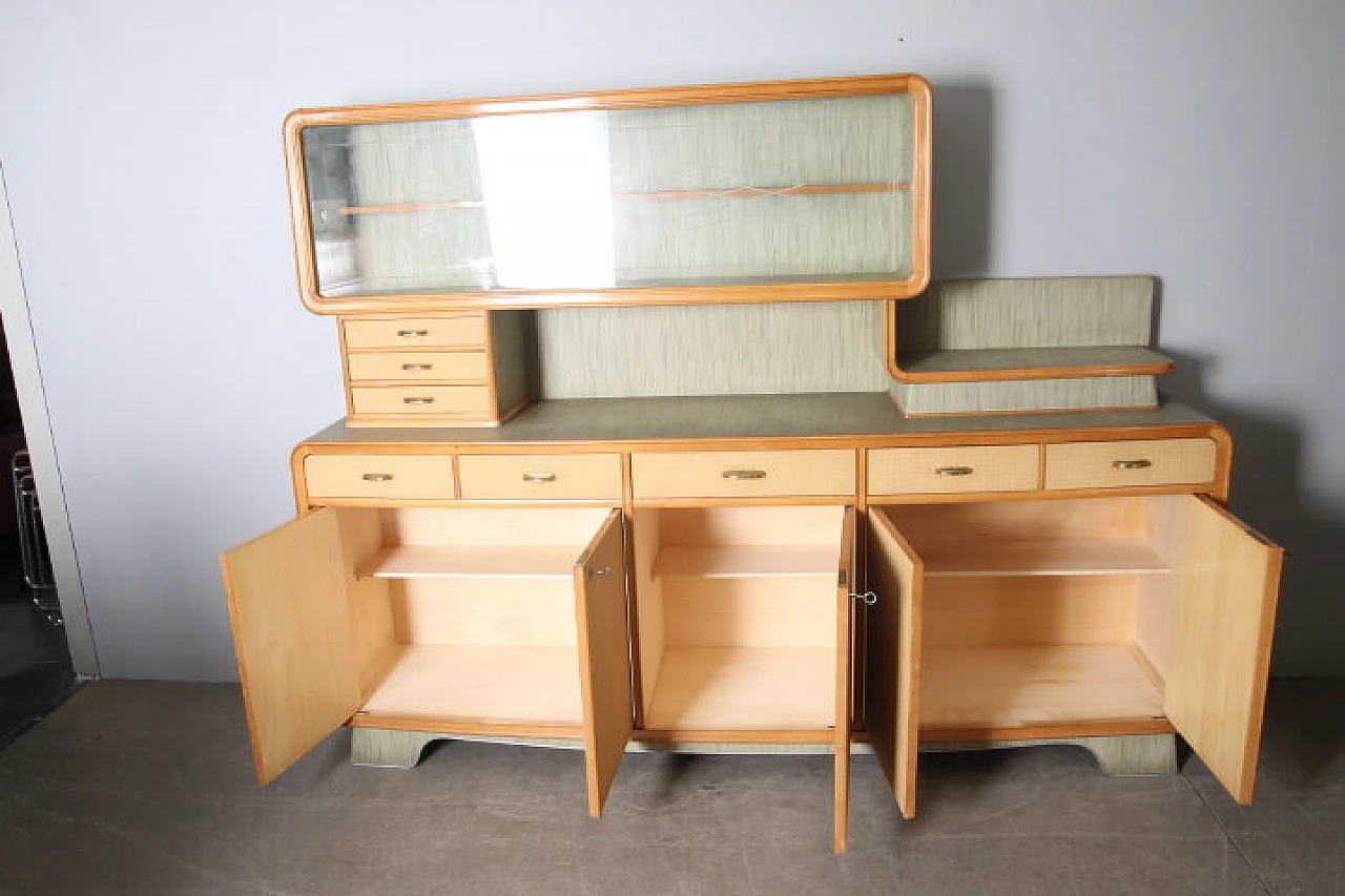 Wood effect and green laminate sideboard with showcase, 1960s 9