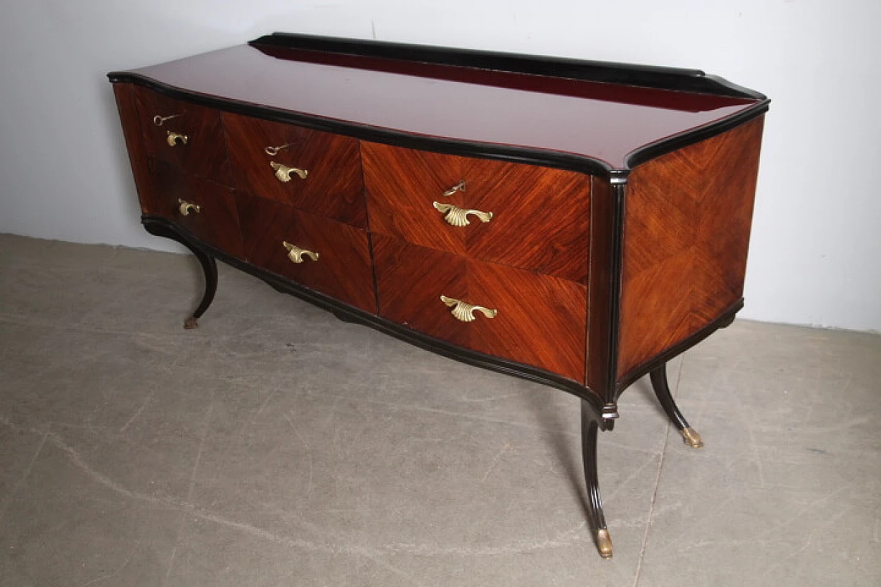 Rosewood chest of drawers with burgundy glass top, 1950s 1