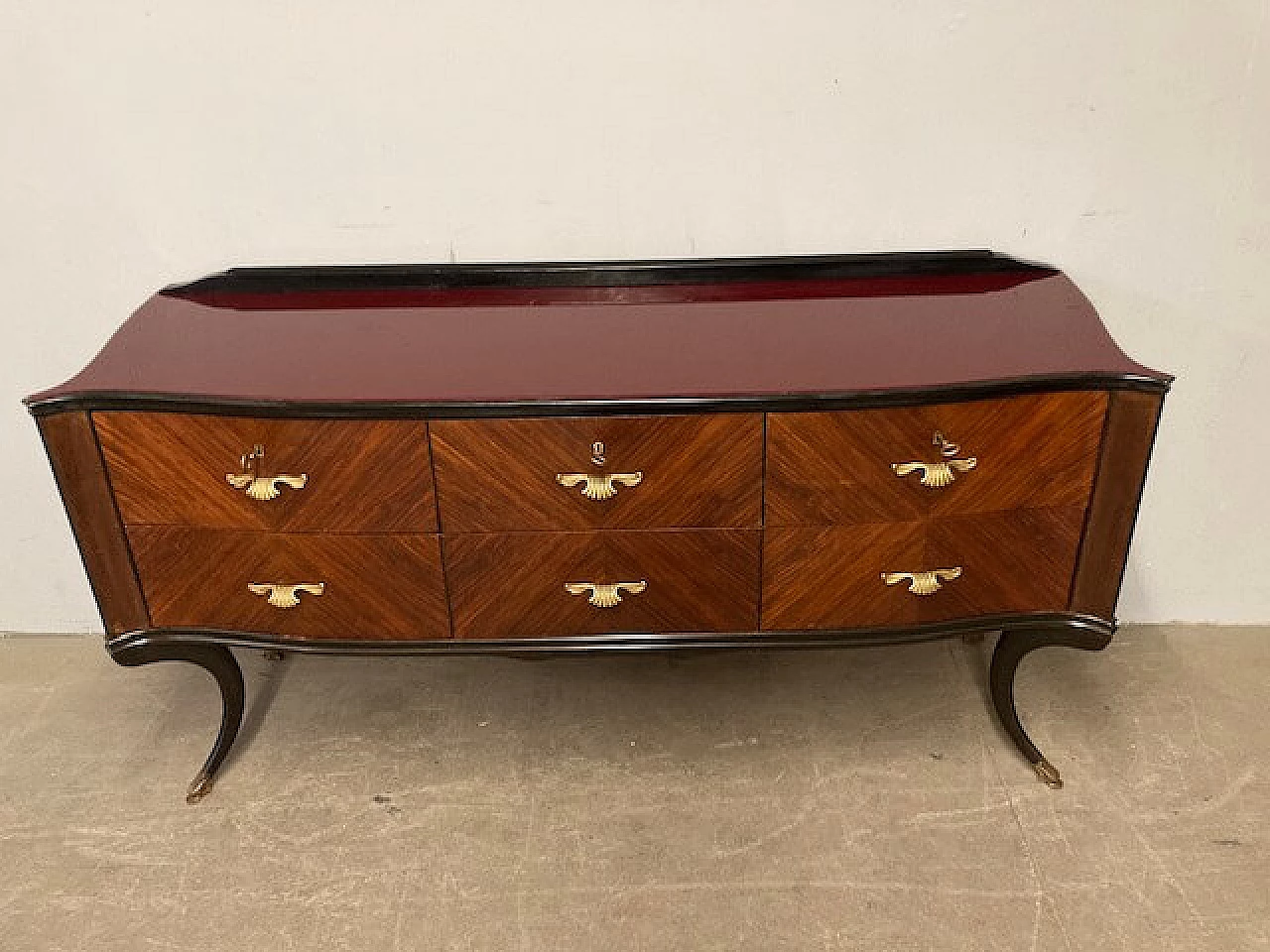 Rosewood chest of drawers with burgundy glass top, 1950s 2