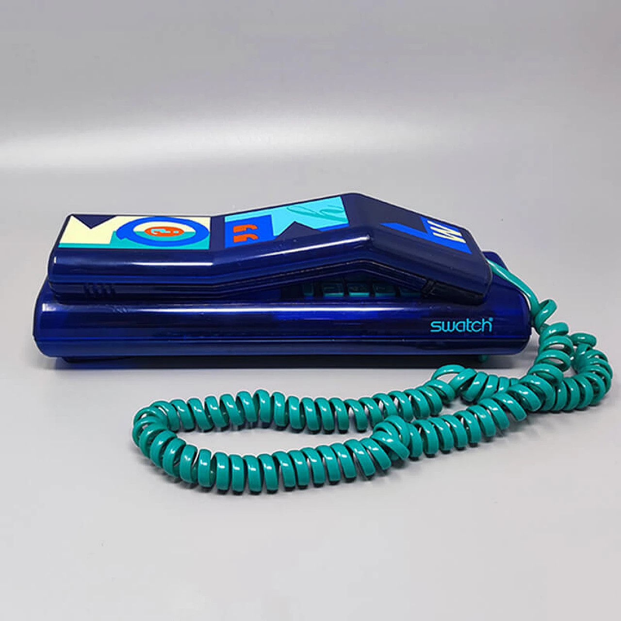 Telefono Swatch Twin Deluxe blu in stile Memphis, anni '80 3