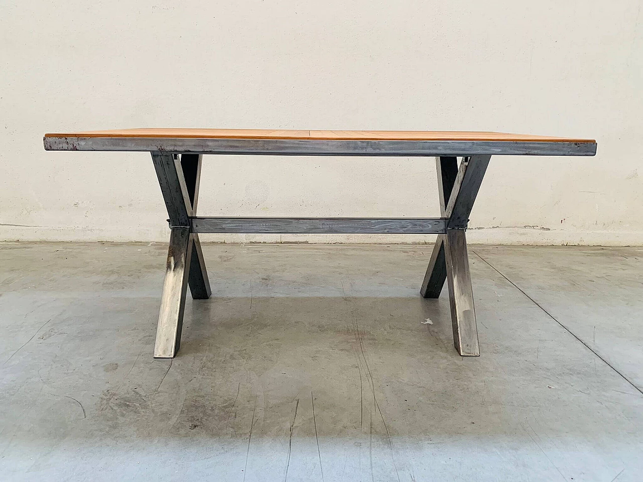Steel table with teak top, 2000s 1