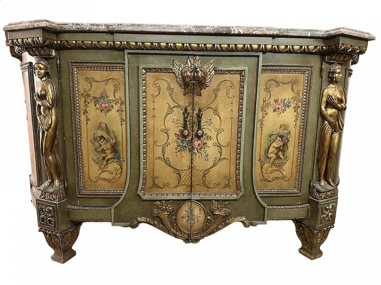Credenza in stile Luigi XVI con decorazioni in stile veneziano Rococò, inizio '900 10