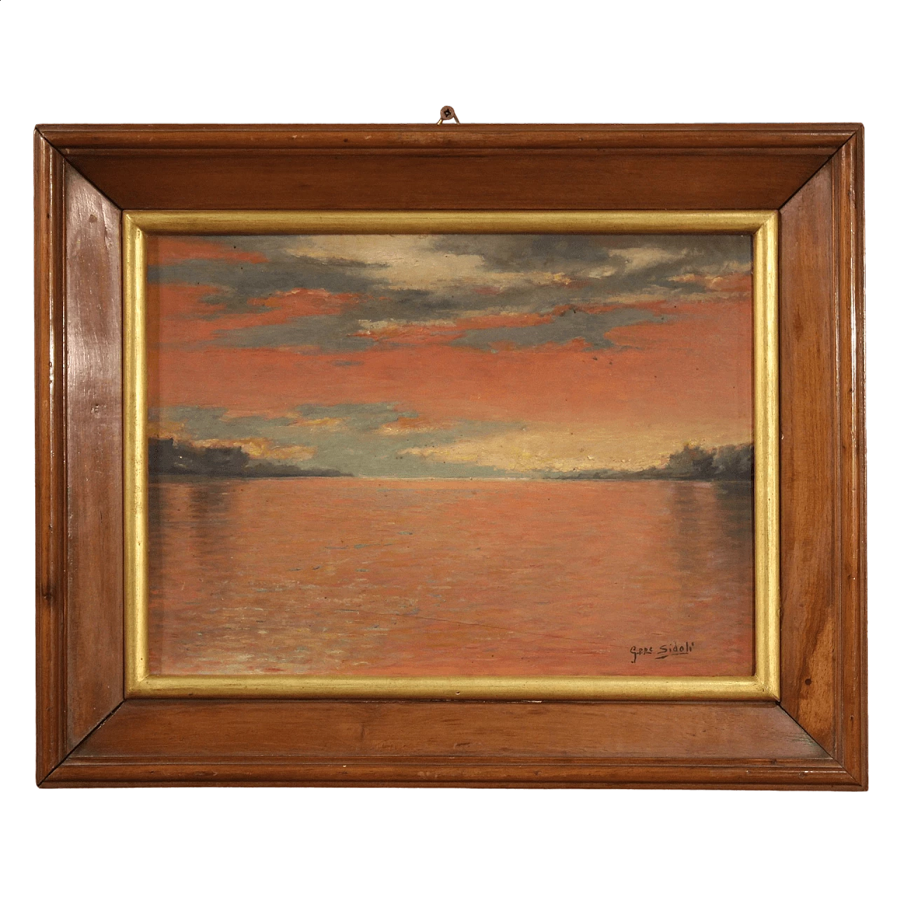 Giuseppe Sidoli, paesaggio marino all'alba, dipinto a olio su tavoletta 16