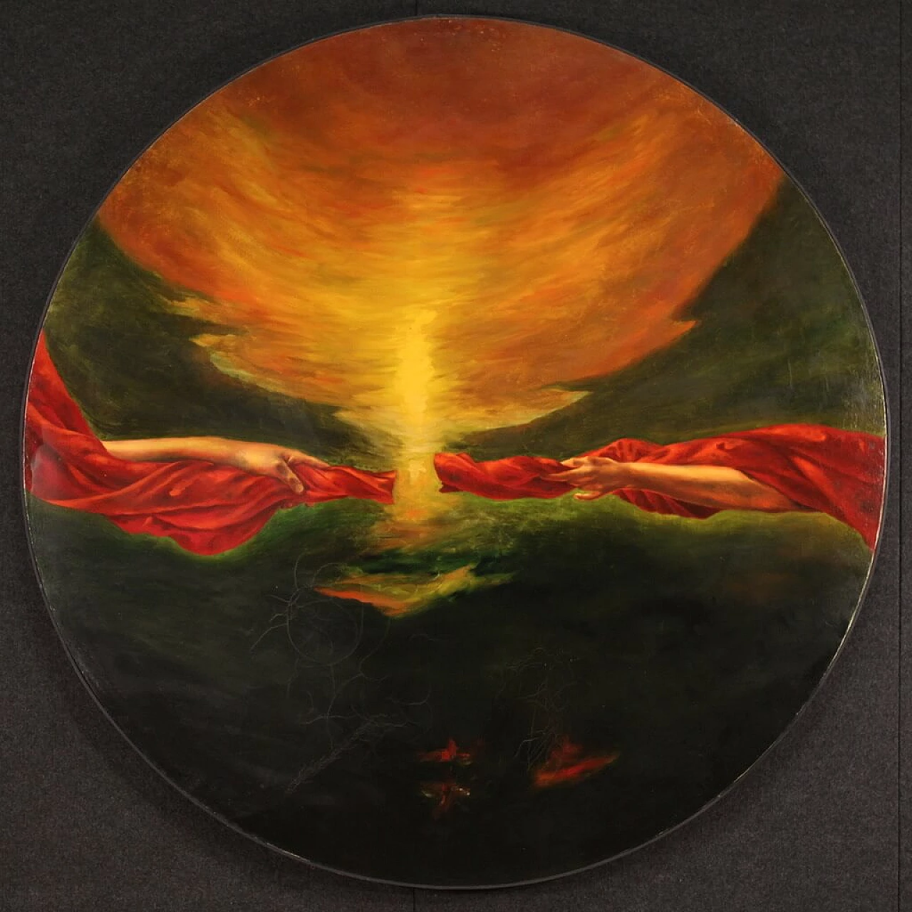 Italian round painting of surrealist subject, oil on canvas, 1988 1