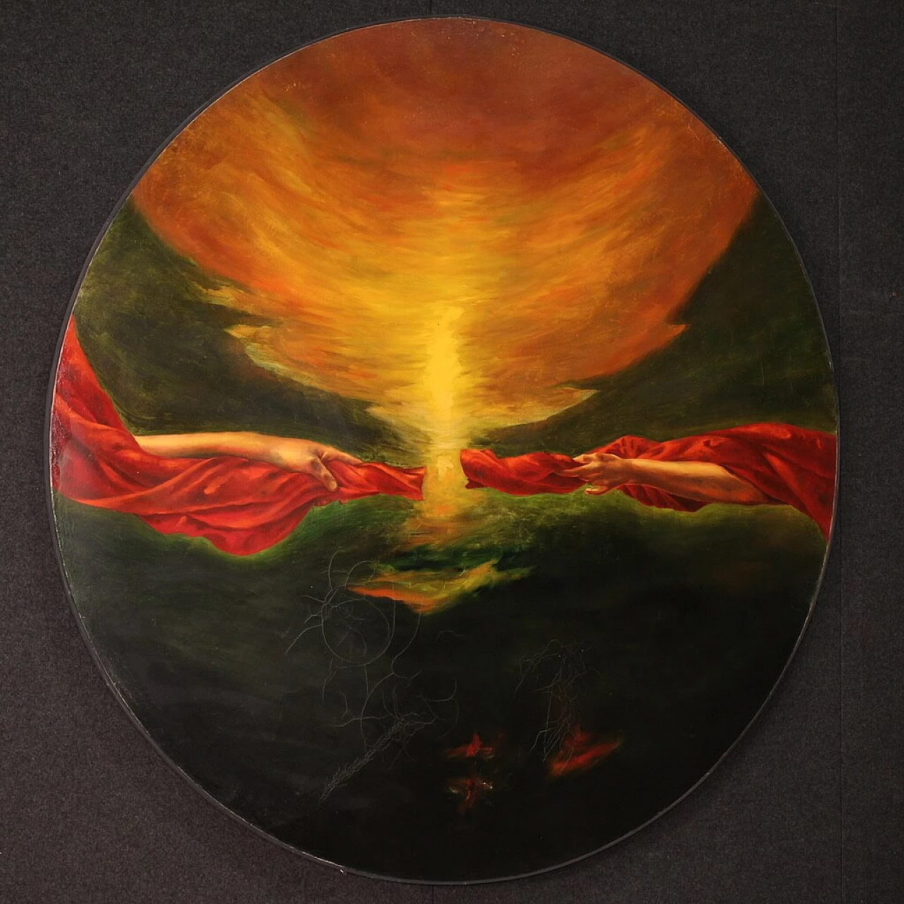 Italian round painting of surrealist subject, oil on canvas, 1988 9