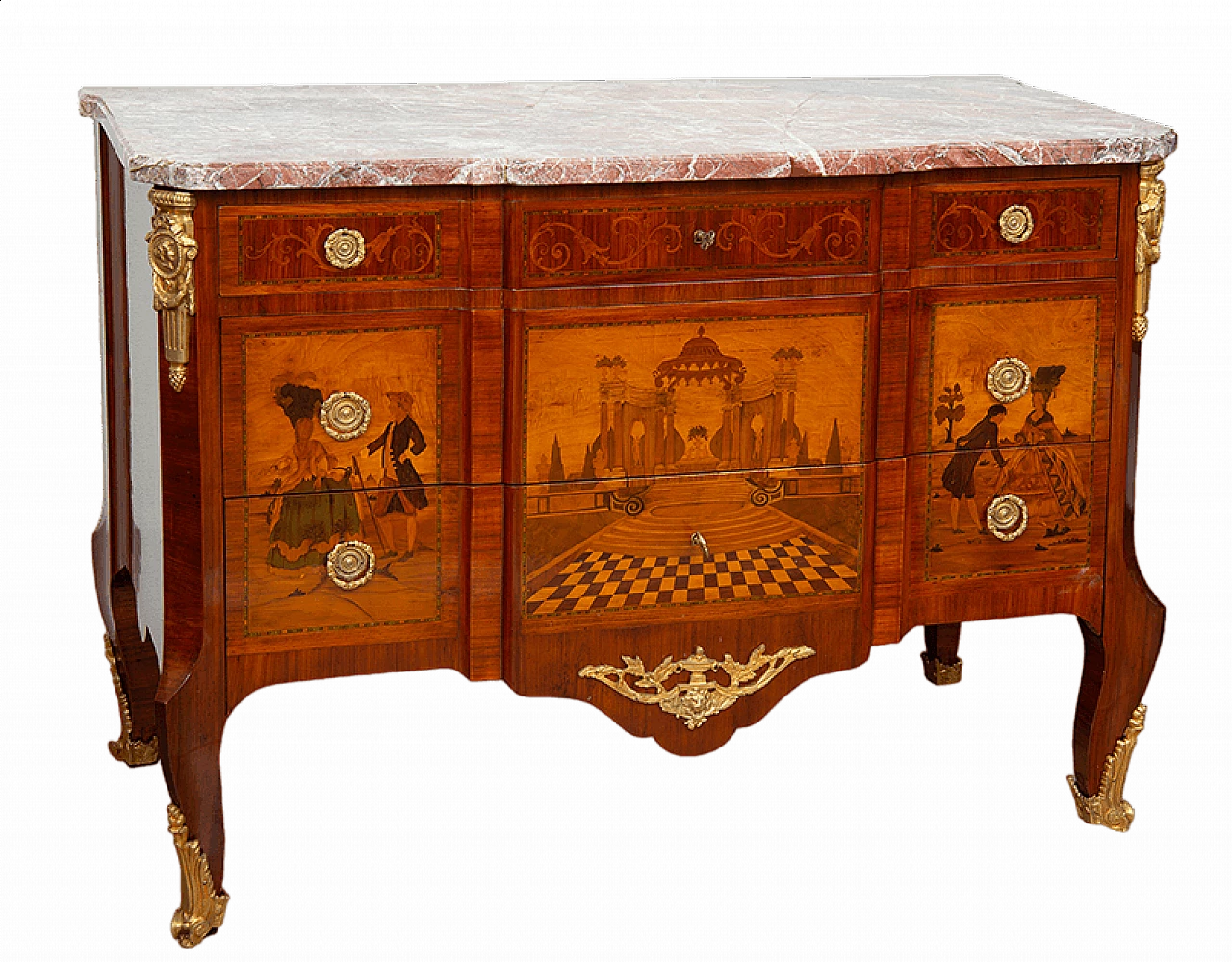 Napoleon II chest of drawers in exotic precious woods with marble top, 19th century 11