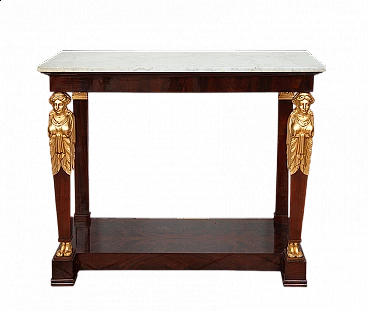 Empire mahogany feather console table with marble top, early 19th century