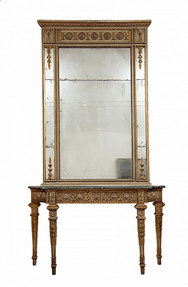 Console table with mirror in Louis XVI style in lacquered and gilded wood, 19th century