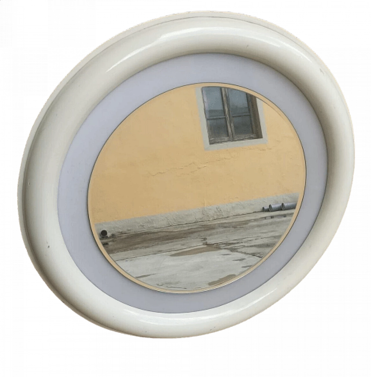 Round white lacquered wood wall mirror with light, 1970s 1