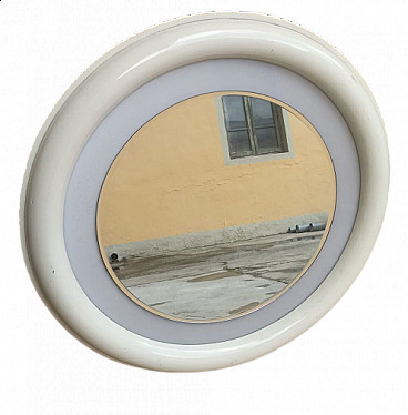 Round white lacquered wood wall mirror with light, 1970s