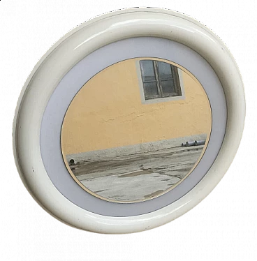 Round white lacquered wood wall mirror with light, 1970s