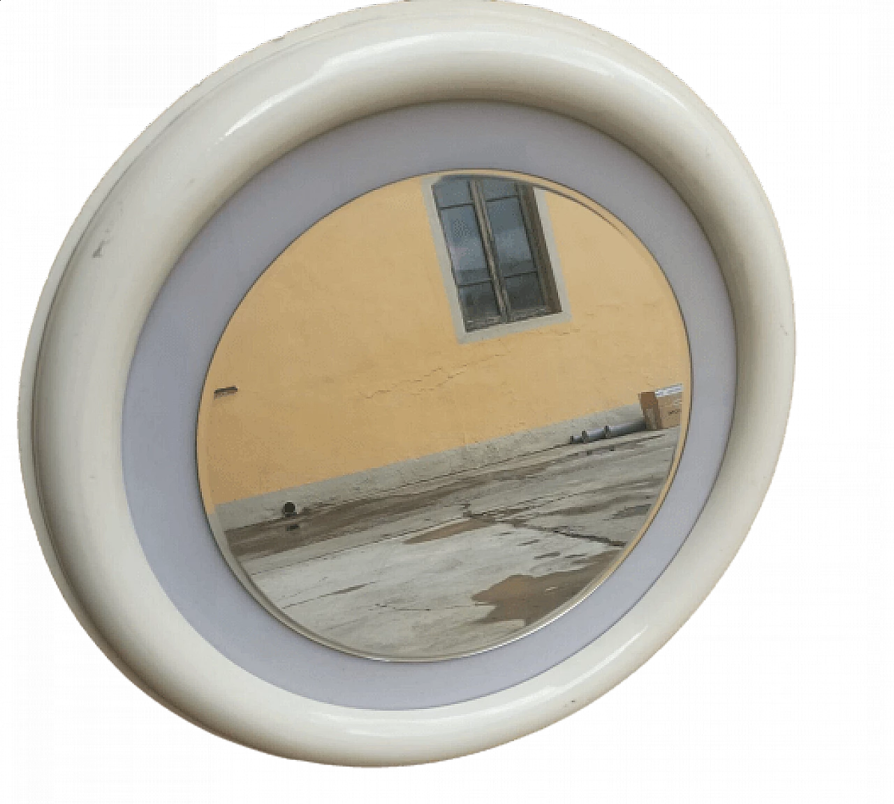Round white lacquered wood wall mirror with light, 1970s 2