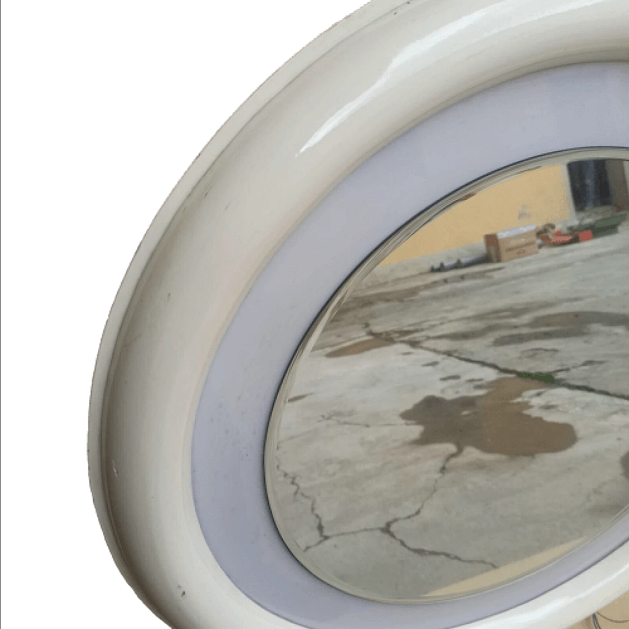 Round white lacquered wood wall mirror with light, 1970s 3