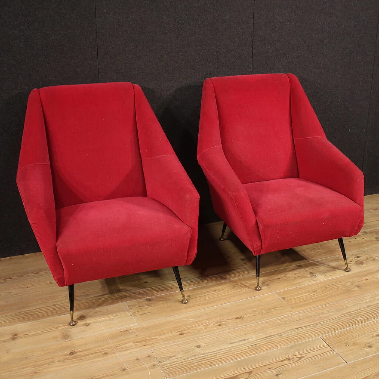 Pair of metal and red velvet armchairs, 1960s 1