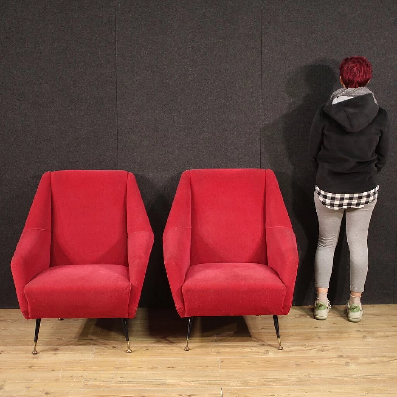 Pair of metal and red velvet armchairs, 1960s 2