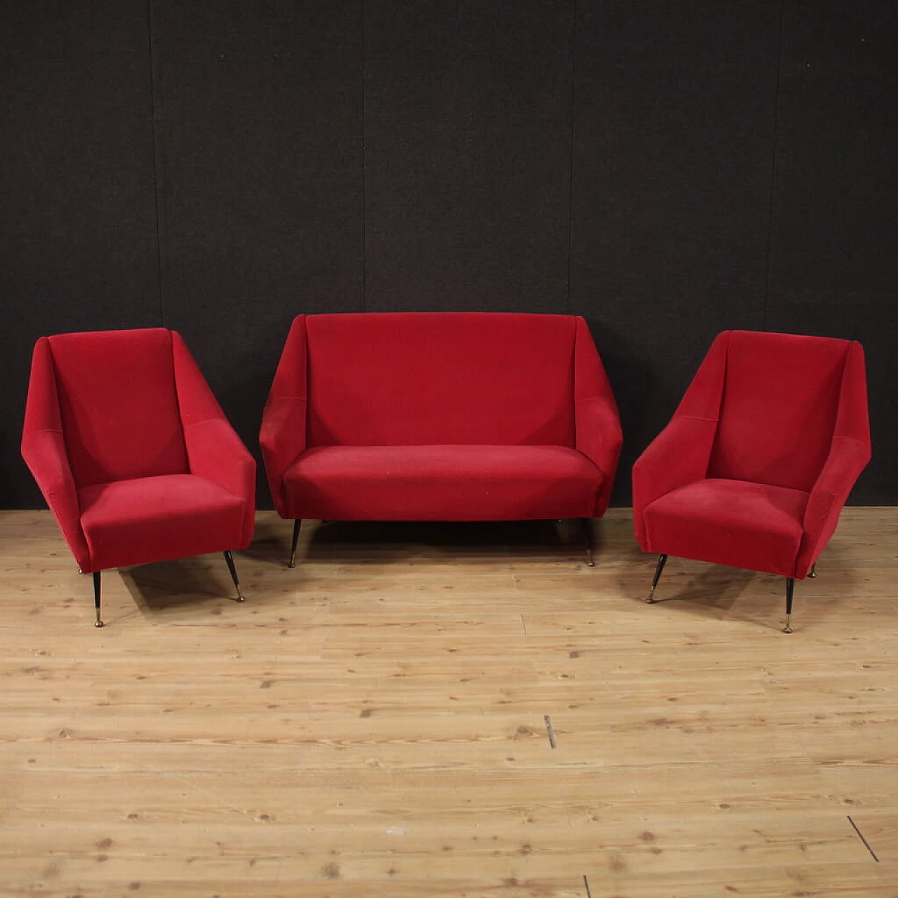 Pair of metal and red velvet armchairs, 1960s 3