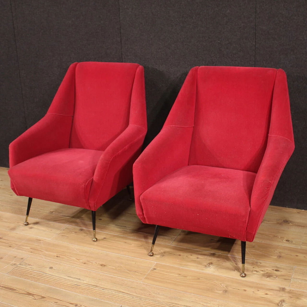 Pair of metal and red velvet armchairs, 1960s 4