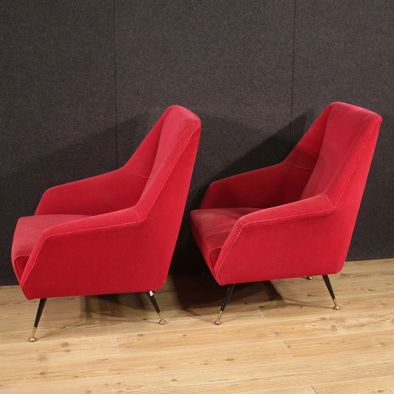 Pair of metal and red velvet armchairs, 1960s 5