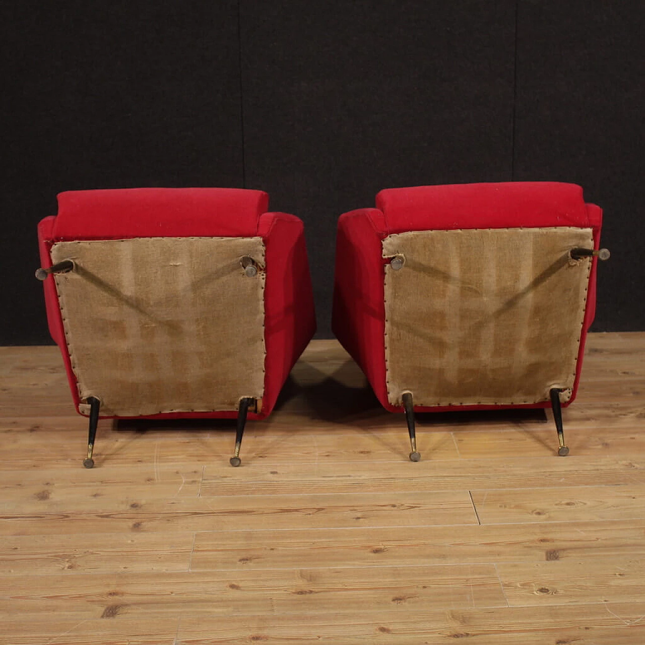 Pair of metal and red velvet armchairs, 1960s 6